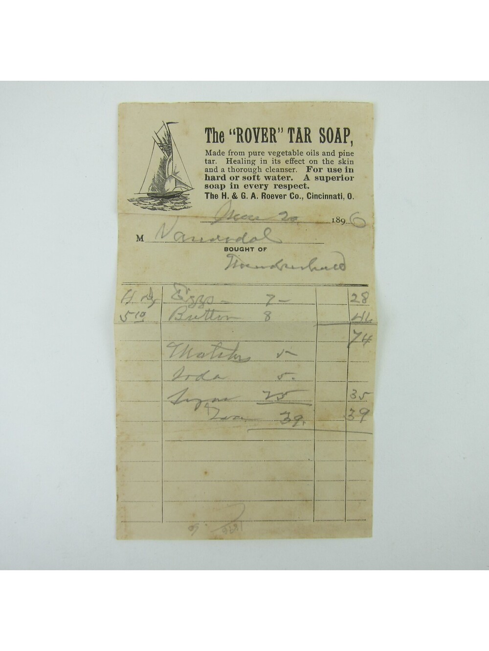 Rover Tar Soap Receipt Sailboat H & GA Roever Co Cincinnati Ohio Antique 1896